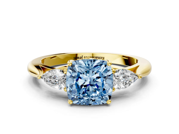 Yellow Gold Cushion Cut Three Stone Pear Side Engagement Ring Setting for Fancy Blue Center