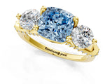 Yellow gold Fancy Blue Cushion Cut Diamond Three-Stone Ring with Prong Setting and Pavé Band_1