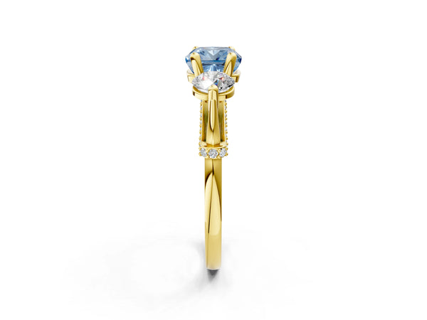 Yellow Gold Cushion Cut Curved Pave Three Stone Engagement Ring Setting for Fancy Blue Center