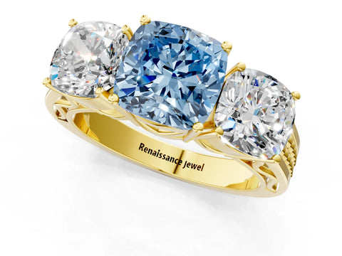 Yellow gold Fancy Blue Cushion Cut Diamond Three-Stone Ring with Prong Setting and Textured Band_1