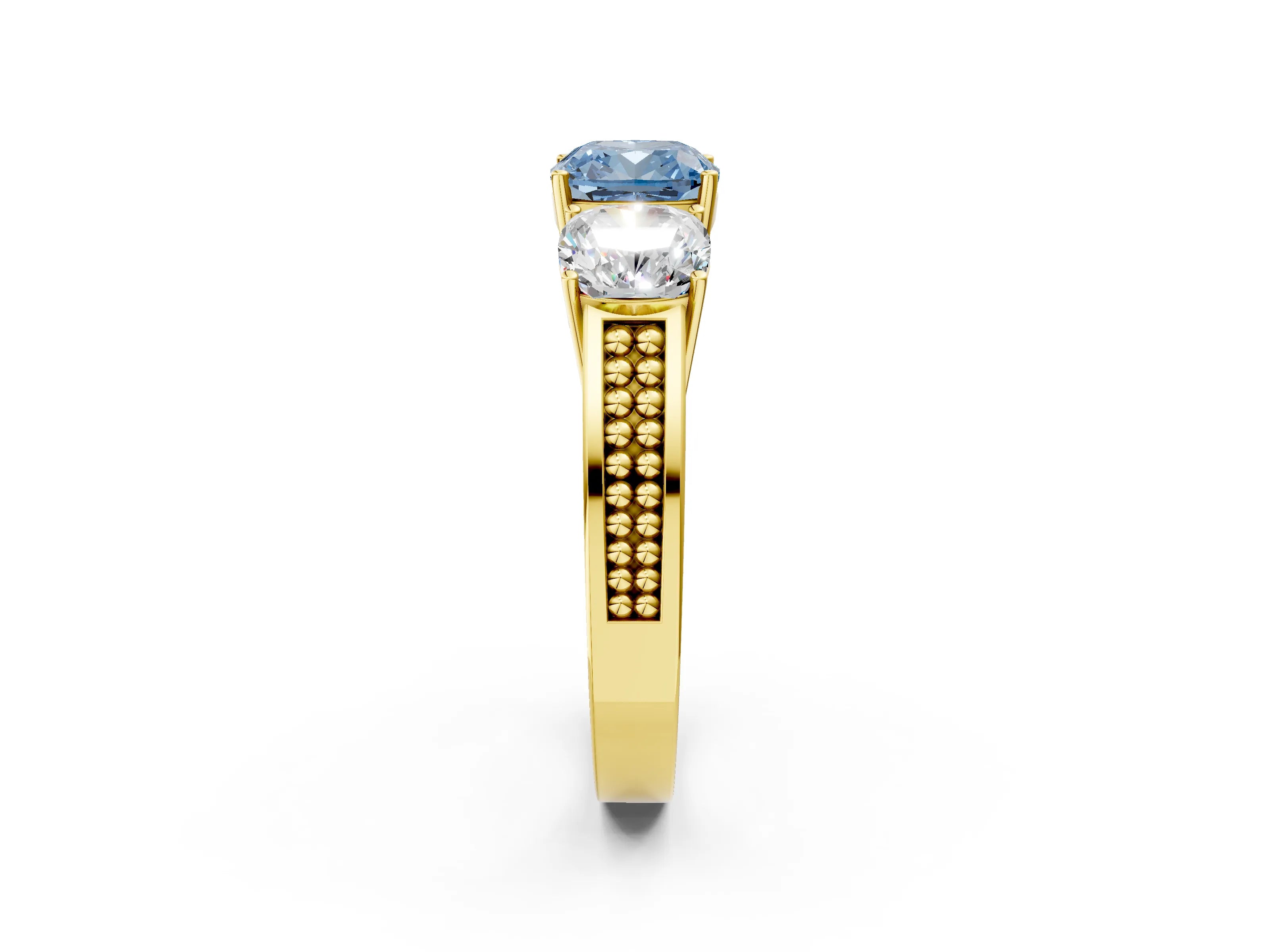 Yellow gold Fancy Blue Cushion Cut Diamond Three-Stone Ring with Prong Setting and Textured Band_2