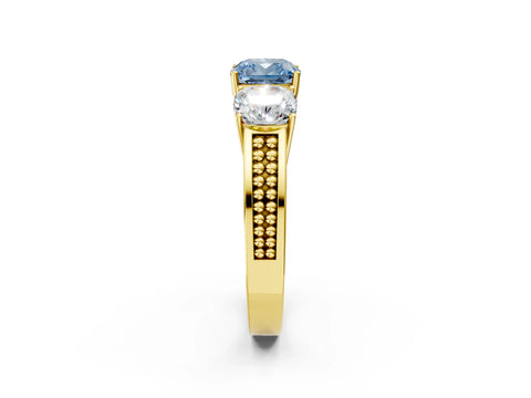 Yellow gold Fancy Blue Cushion Cut Diamond Three-Stone Ring with Prong Setting and Textured Band_2