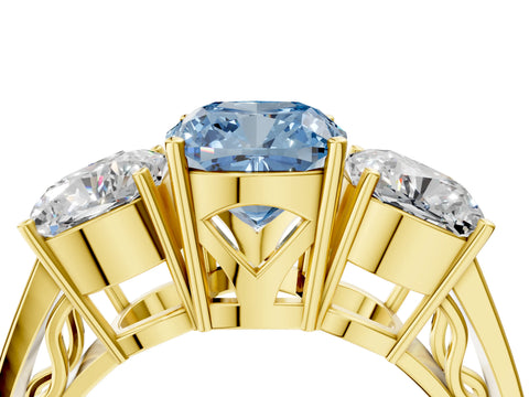 Yellow gold Fancy Blue Cushion Cut Diamond Three-Stone Ring with Prong Setting and Textured Band_4