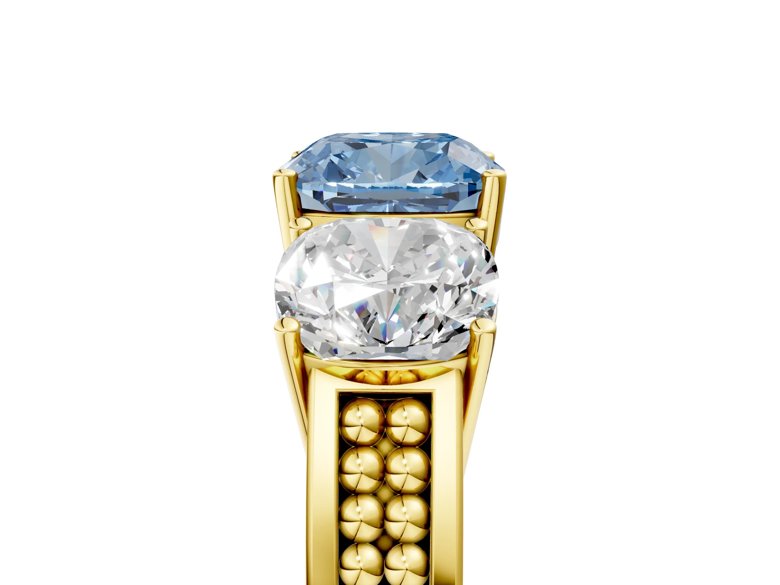 Yellow gold Fancy Blue Cushion Cut Diamond Three-Stone Ring with Prong Setting and Textured Band_5
