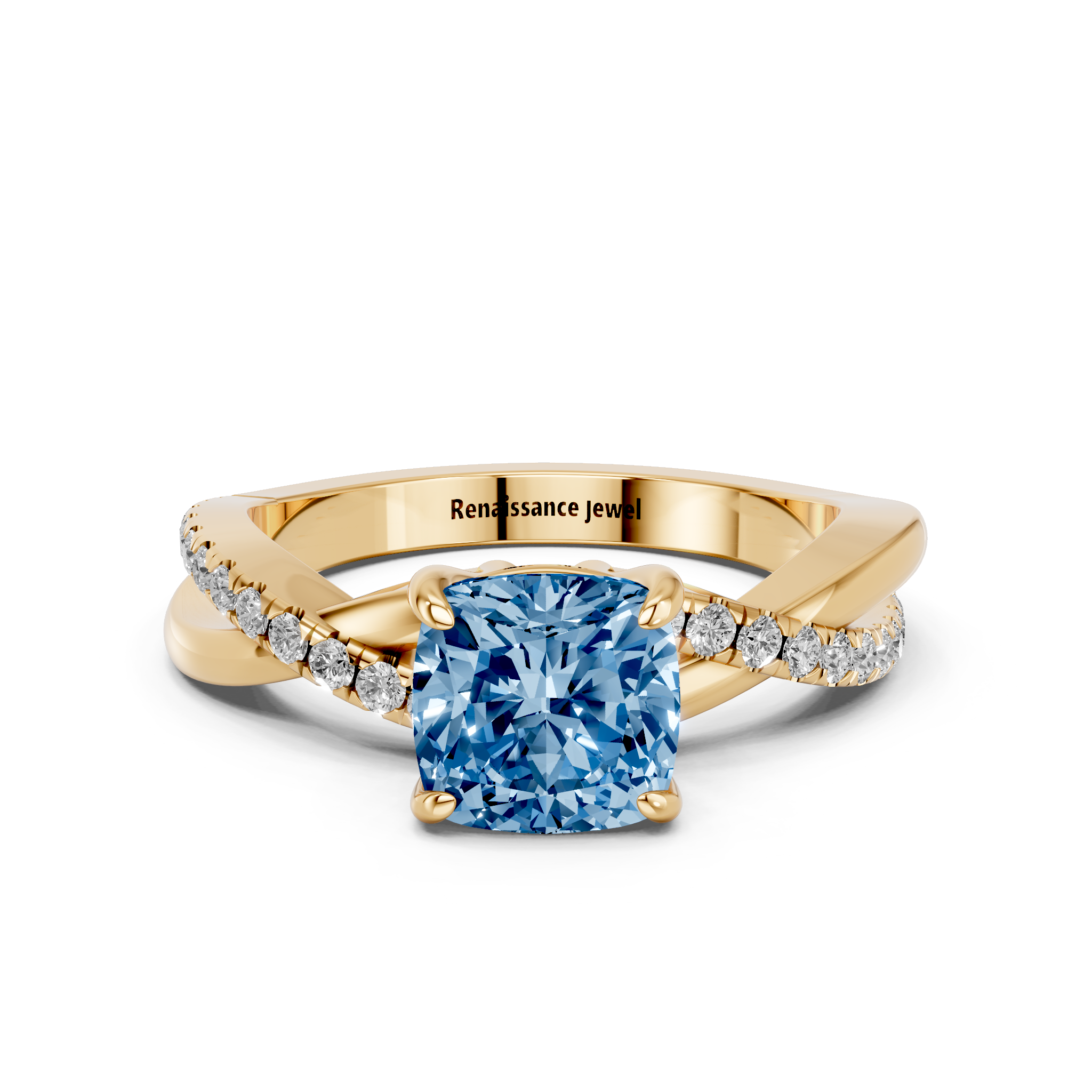 Yellow gold Fancy Blue Cushion  Cut Diamond Twist Band Solitaire with Prong Setting_3