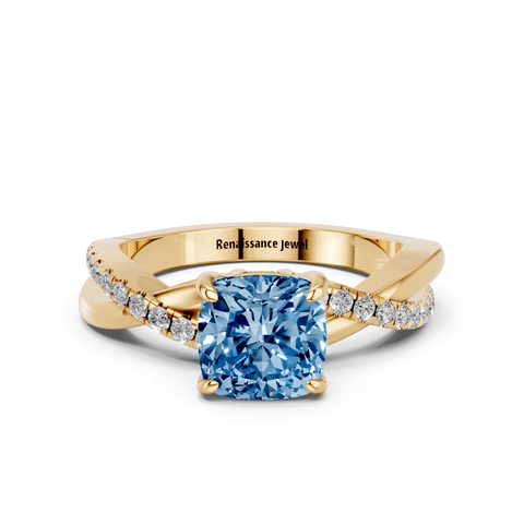 Yellow gold Fancy Blue Cushion  Cut Diamond Twist Band Solitaire with Prong Setting_3