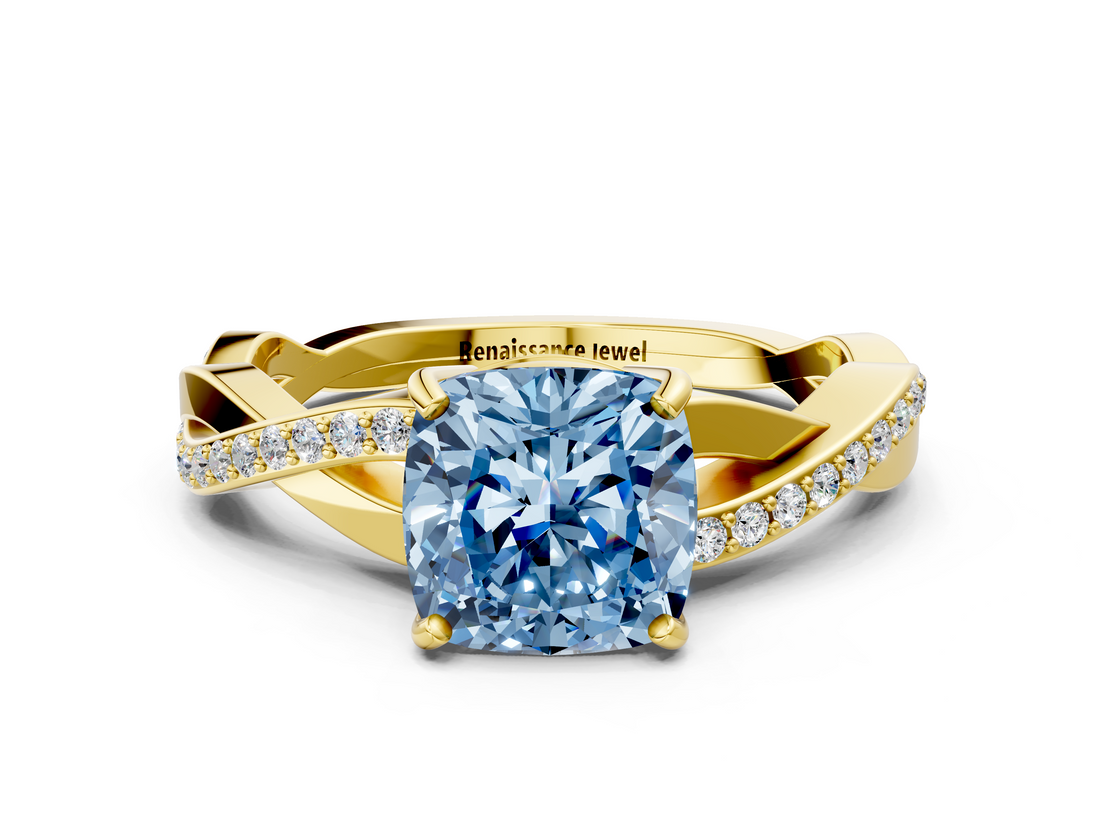 Yellow gold Fancy Blue Cushion  Cut Diamond Twisted Band Engagement Ring with Prong Setting_3