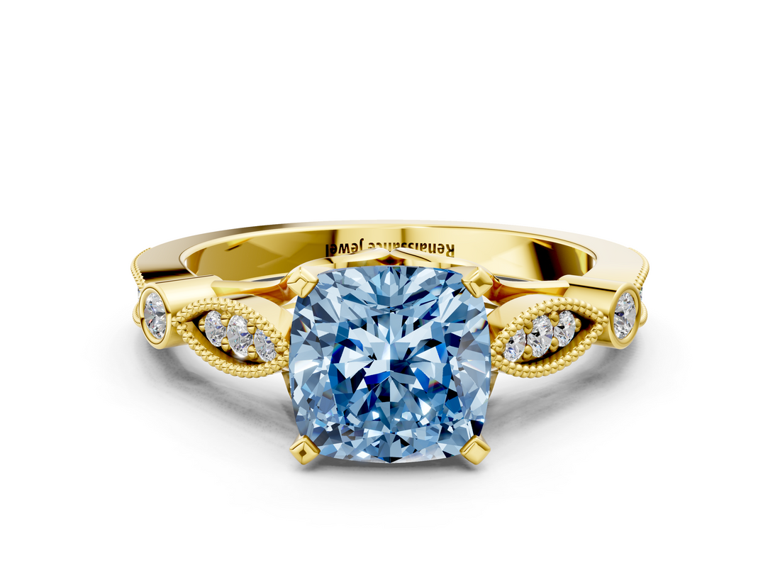 Yellow gold Fancy Blue Cushion  Cut Diamond with Milgrain Marquise and Bezel Accents on a Solitaire Band with Prong Setting_187