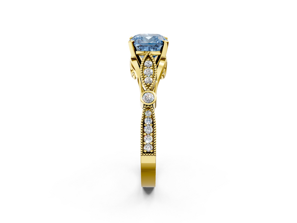Yellow Gold Cushion Cut Vintage Milgrain Engagement Ring Setting for Fancy Blue Center