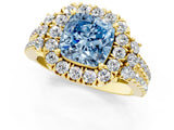 Yellow gold Fancy Blue Cushion  Cut Double Halo Diamond Engagement Ring with Pave Band and Four-Prong Setting 1