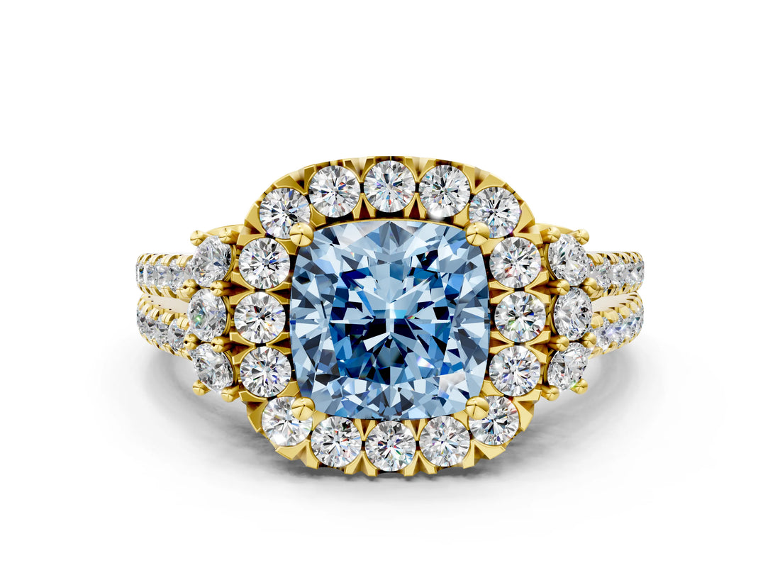 Yellow gold Fancy Blue Cushion  Cut Double Halo Diamond Engagement Ring with Pave Band and Four-Prong Setting