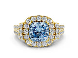 Yellow gold Fancy Blue Cushion  Cut Double Halo Diamond Engagement Ring with Pave Band and Four-Prong Setting