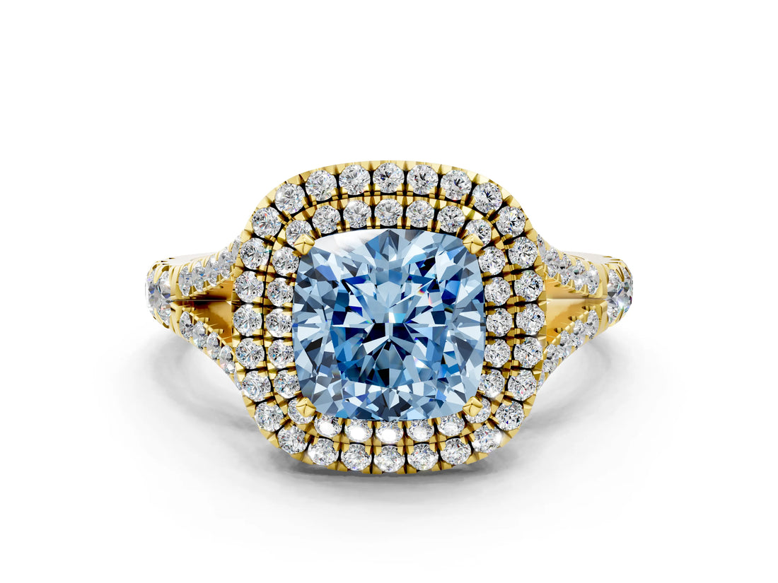 Yellow gold Fancy Blue Cushion  Cut Double Halo Split Shank Diamond Ring with Prong Setting_49