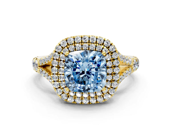Yellow gold Fancy Blue Cushion  Cut Double Halo Split Shank Diamond Ring with Prong Setting