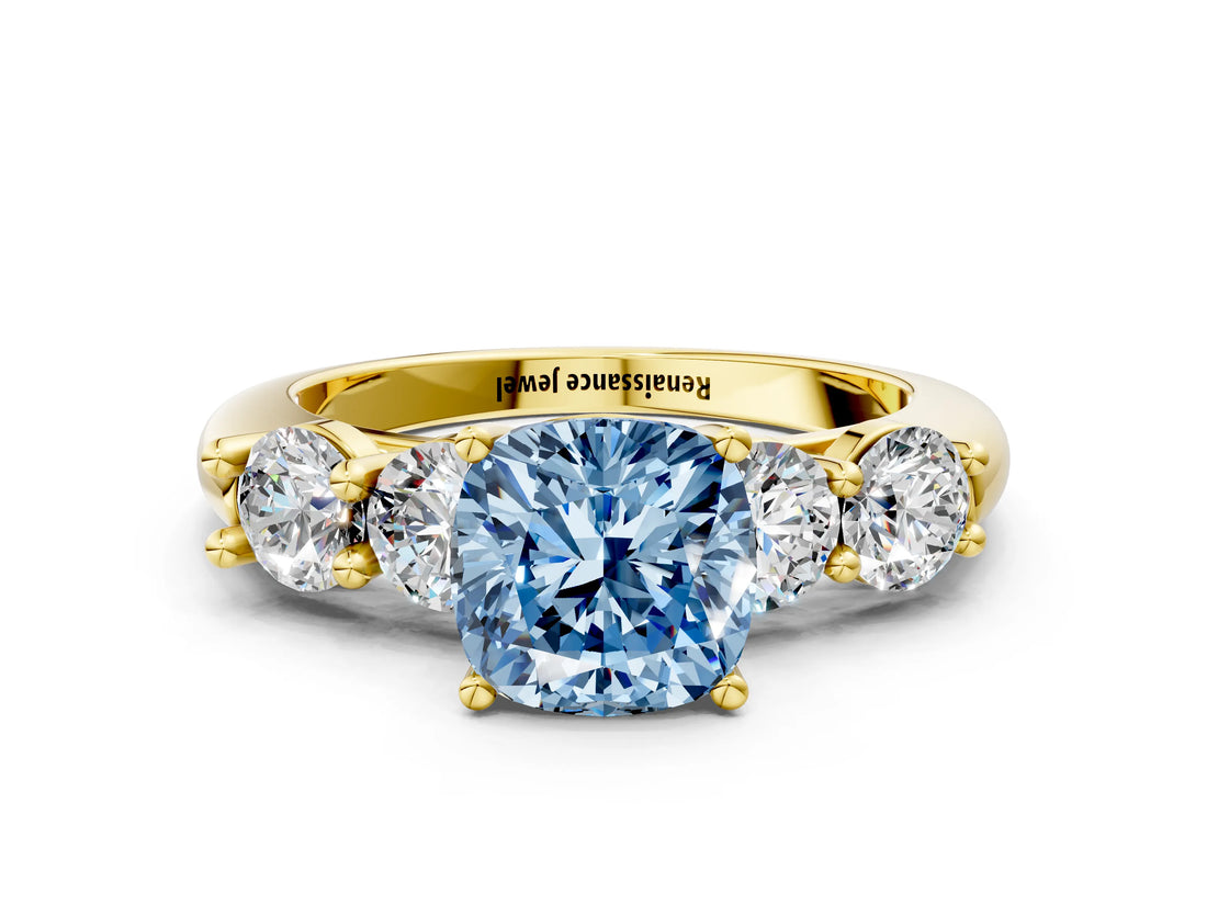 Yellow gold Fancy Blue Cushion  Cut Five-Stone Prong Set Diamond Ring with Classic Band_32