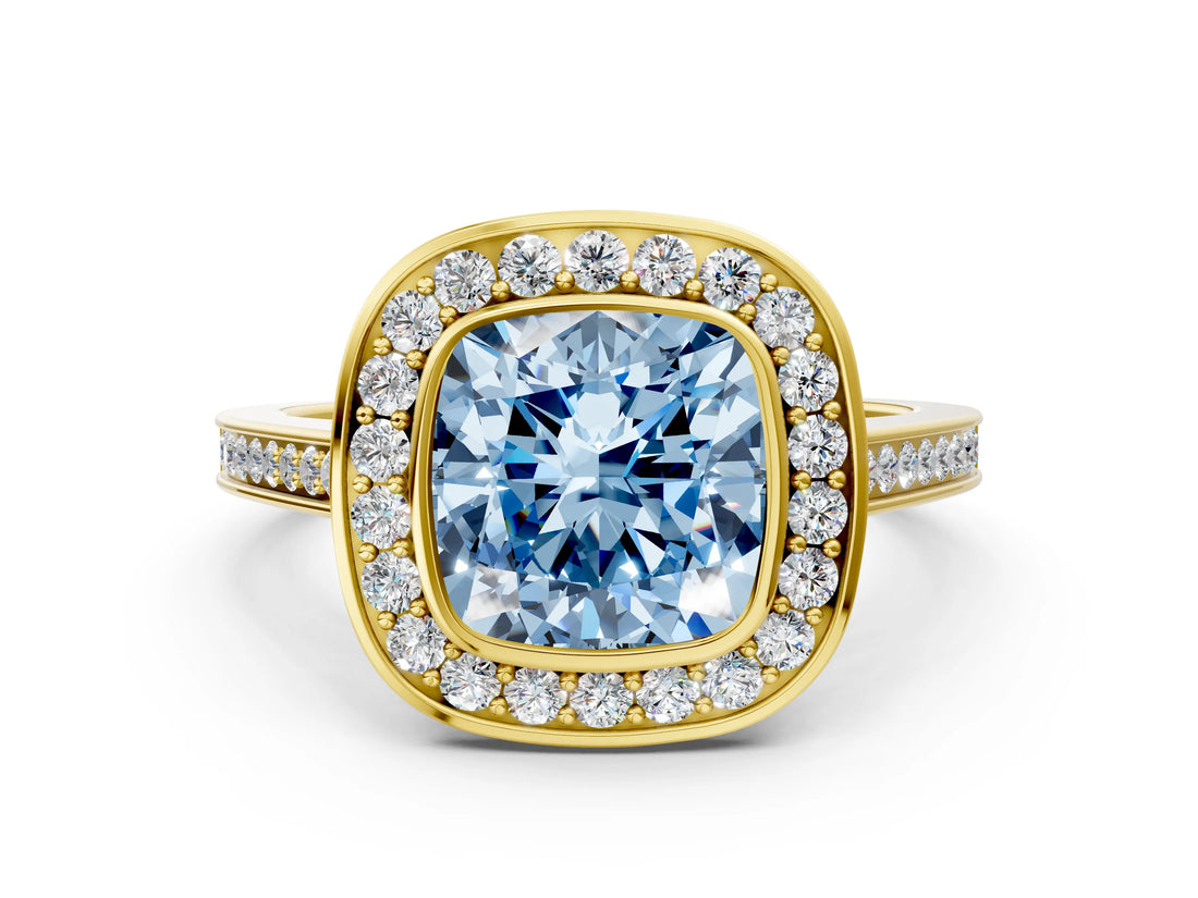 Yellow gold Fancy Blue Cushion Cut Halo Bezel Diamond Pave Band Ring