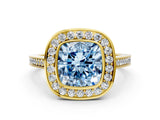 Yellow gold Fancy Blue Cushion Cut Halo Bezel Diamond Pave Band Ring