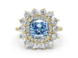 Yellow gold Fancy Blue Cushion Cut Halo Cluster Diamond Ring with Pave Band and Four-Prong Setting_12