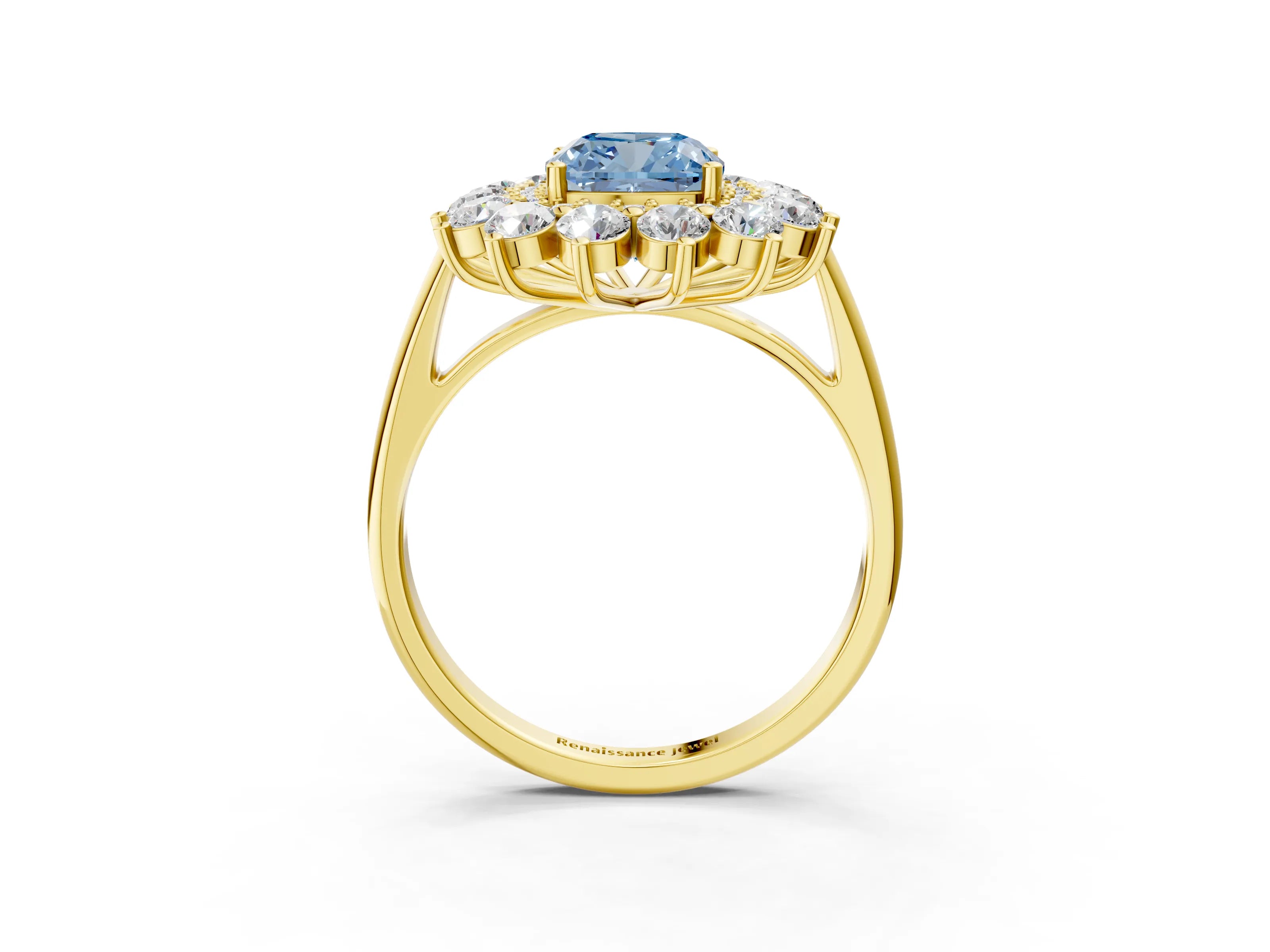 Yellow gold Fancy Blue Cushion Cut Halo Cluster Diamond Ring with Pave Band and Four-Prong Setting_3