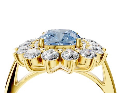 Yellow gold Fancy Blue Cushion Cut Halo Cluster Diamond Ring with Pave Band and Four-Prong Setting_4