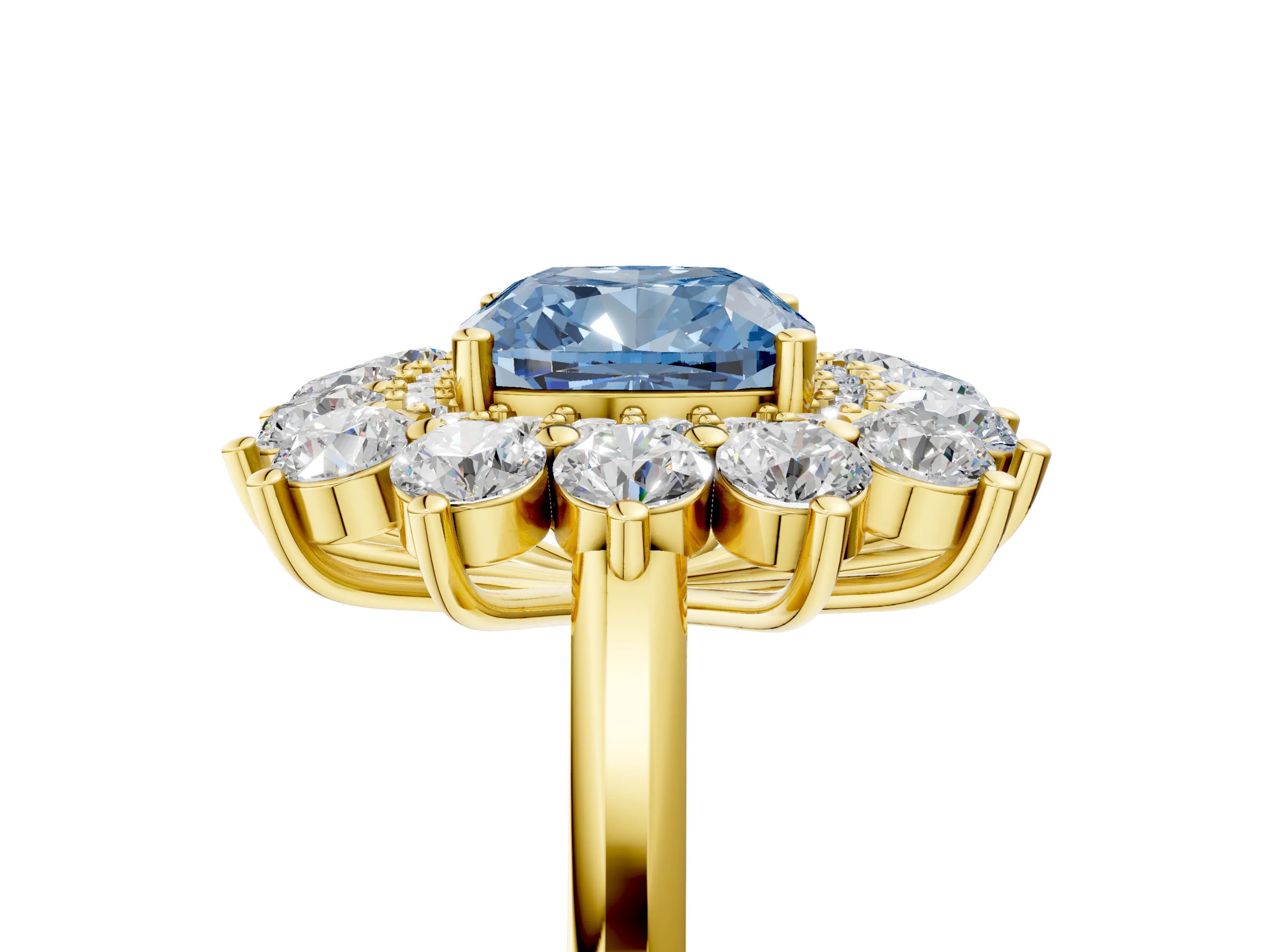 Yellow gold Fancy Blue Cushion Cut Halo Cluster Diamond Ring with Pave Band and Four-Prong Setting_5