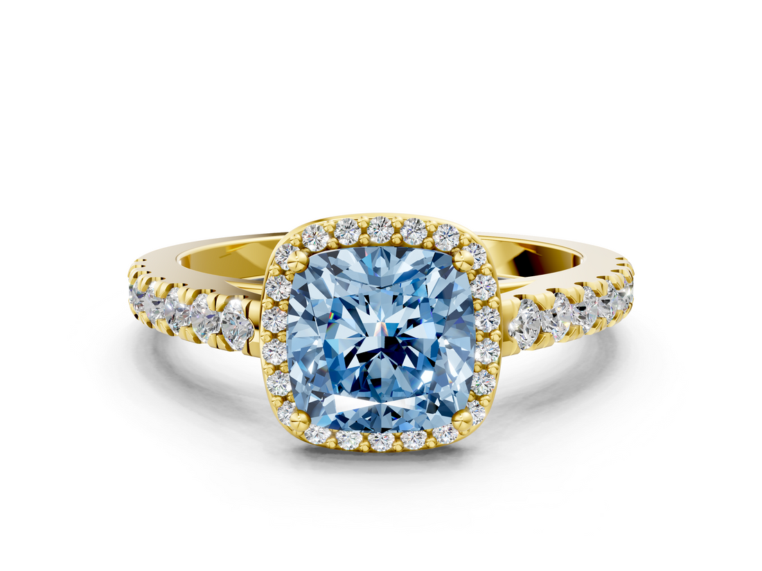 Yellow gold Fancy Blue Cushion  Cut Halo Diamond Engagement Ring with Pave Band and Four-Prong Setting_28
