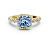 Yellow gold Fancy Blue Cushion  Cut Halo Diamond Engagement Ring with Pave Band and Four-Prong Setting_28