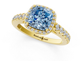 Yellow gold Fancy Blue Cushion  Cut Halo Diamond Engagement Ring with Pave Band and Four-Prong Setting_29