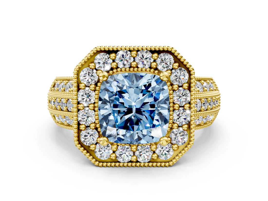 Yellow gold Fancy Blue Cushion Cut Halo Diamond Engagement Ring with Pave Split Shank and Four-Prong Setting
