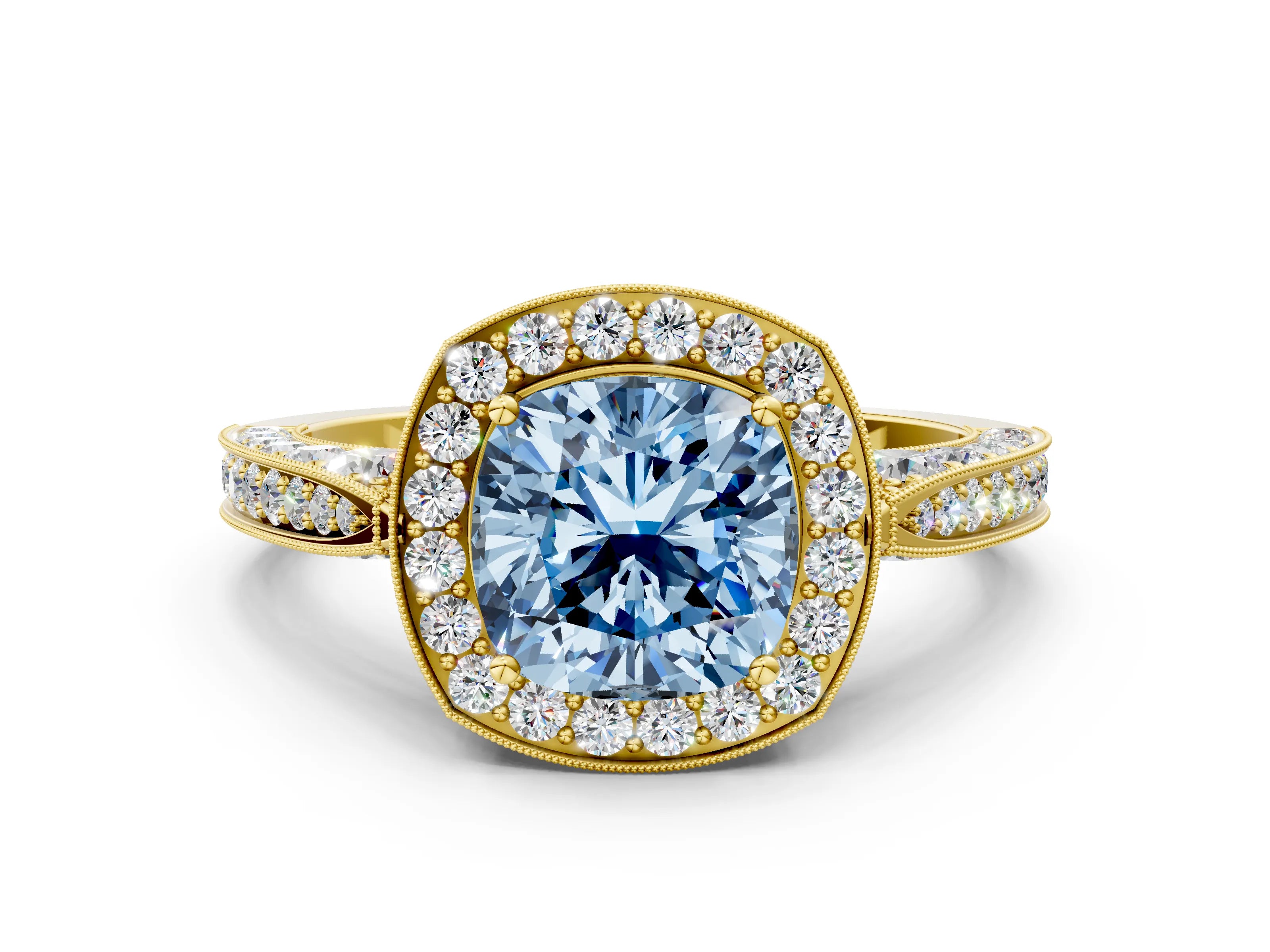 Yellow gold Fancy Blue Cushion Cut Halo Diamond Engagement Ring with Split Shank Band and Four-Prong Setting