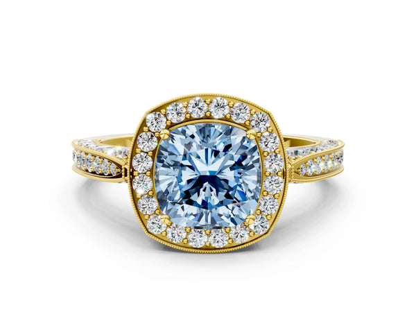 Yellow gold Fancy Blue Cushion Cut Halo Diamond Engagement Ring with Split Shank Band and Four-Prong Setting