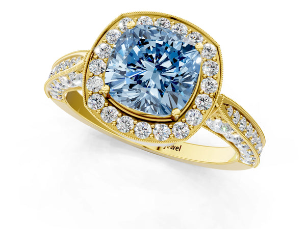 Yellow gold Fancy Blue Cushion Cut Halo Diamond Engagement Ring with Split Shank Band and Four-Prong Setting
