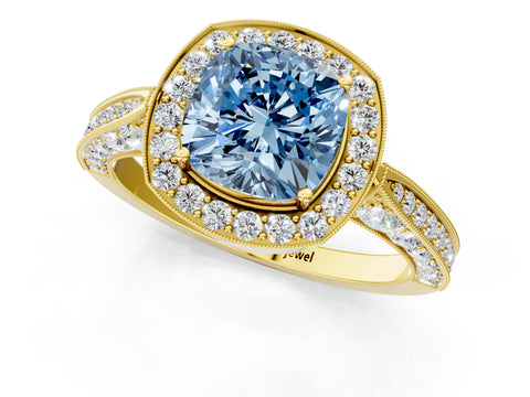 Yellow gold Fancy Blue Cushion Cut Halo Diamond Engagement Ring with Split Shank Band and Four-Prong Setting_1