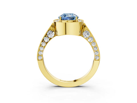 Yellow gold Fancy Blue Cushion Cut Halo Diamond Engagement Ring with Split Shank Band and Four-Prong Setting_3