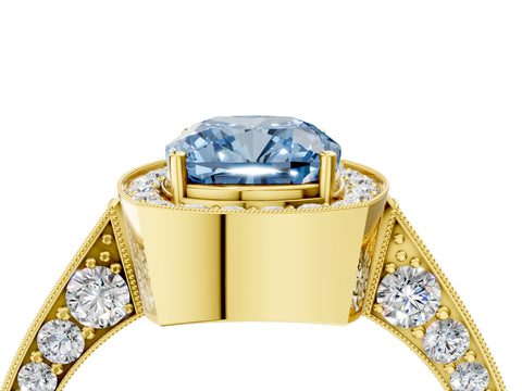 Yellow gold Fancy Blue Cushion Cut Halo Diamond Engagement Ring with Split Shank Band and Four-Prong Setting_4