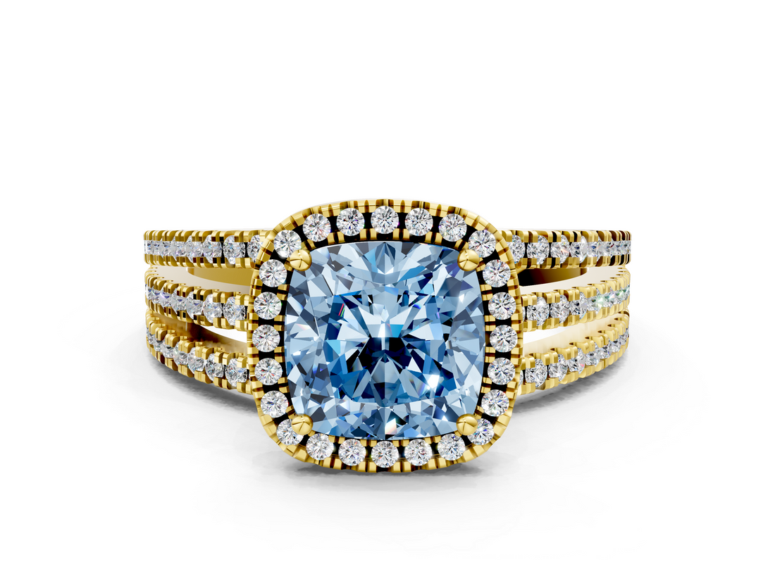 Yellow gold Fancy Blue Cushion  Cut Halo Diamond Engagement Ring with Split Shank and Four-Prong Setting_20