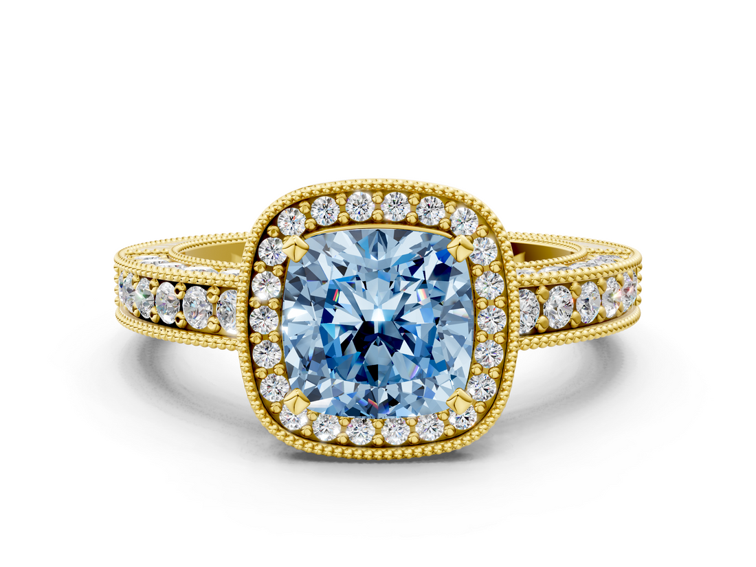 Yellow gold Fancy Blue Cushion  Cut Halo Diamond Pave Band Ring with Four-Prong Setting_45