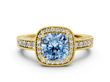 Yellow gold Fancy Blue Cushion  Cut Halo Diamond Pave Band Ring with Four-Prong Setting_45