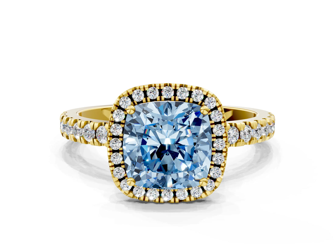 Yellow gold Fancy Blue Cushion Cut Halo Diamond Pave Band with Prong Setting