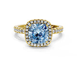 Yellow gold Fancy Blue Cushion Cut Halo Diamond Pave Band with Prong Setting