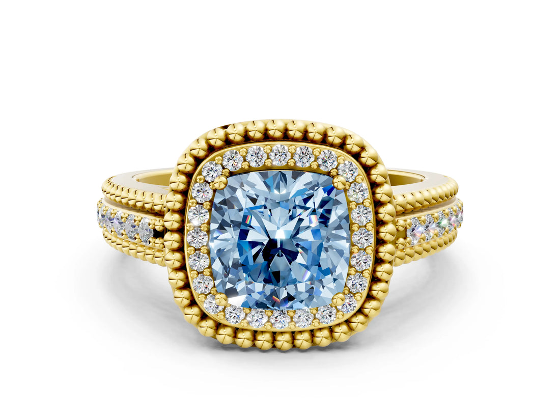 Yellow gold Fancy Blue Cushion Cut Halo Diamond Ring with Beaded Split Shank and Four-Prong Setting