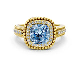 Yellow gold Fancy Blue Cushion Cut Halo Diamond Ring with Beaded Split Shank and Four-Prong Setting