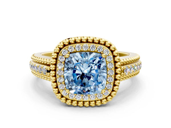 Yellow Gold Cushion Cut Beaded Halo Engagement Ring Setting for Fancy Blue Center with Pave