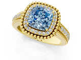 Yellow gold Fancy Blue Cushion Cut Halo Diamond Ring with Beaded Split Shank and Four-Prong Setting_1