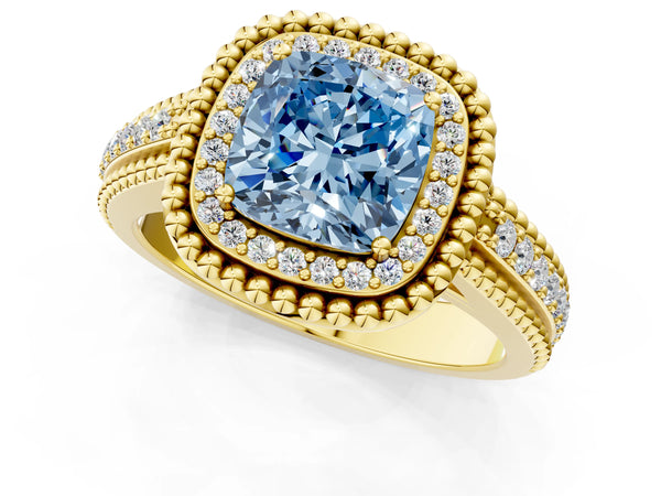 Yellow Gold Cushion Cut Beaded Halo Engagement Ring Setting for Fancy Blue Center with Pave