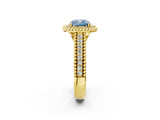 Yellow gold Fancy Blue Cushion Cut Halo Diamond Ring with Beaded Split Shank and Four-Prong Setting_2