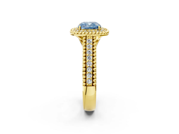Yellow Gold Cushion Cut Beaded Halo Engagement Ring Setting for Fancy Blue Center with Pave