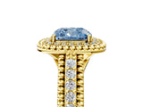 Yellow gold Fancy Blue Cushion Cut Halo Diamond Ring with Beaded Split Shank and Four-Prong Setting_5