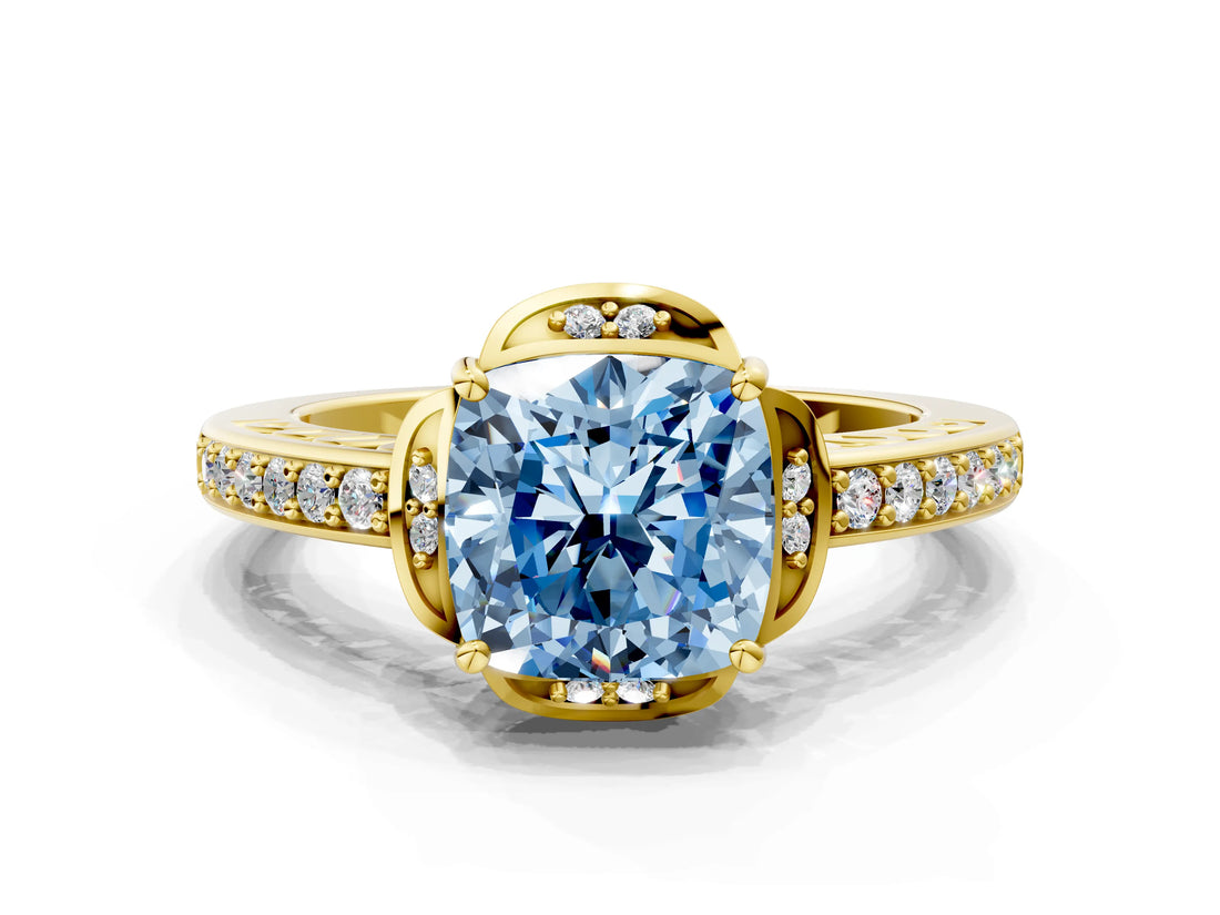 Yellow gold Fancy Blue Cushion  Cut Halo Diamond Ring with Channel Set Band and Four-Prong Setting_32