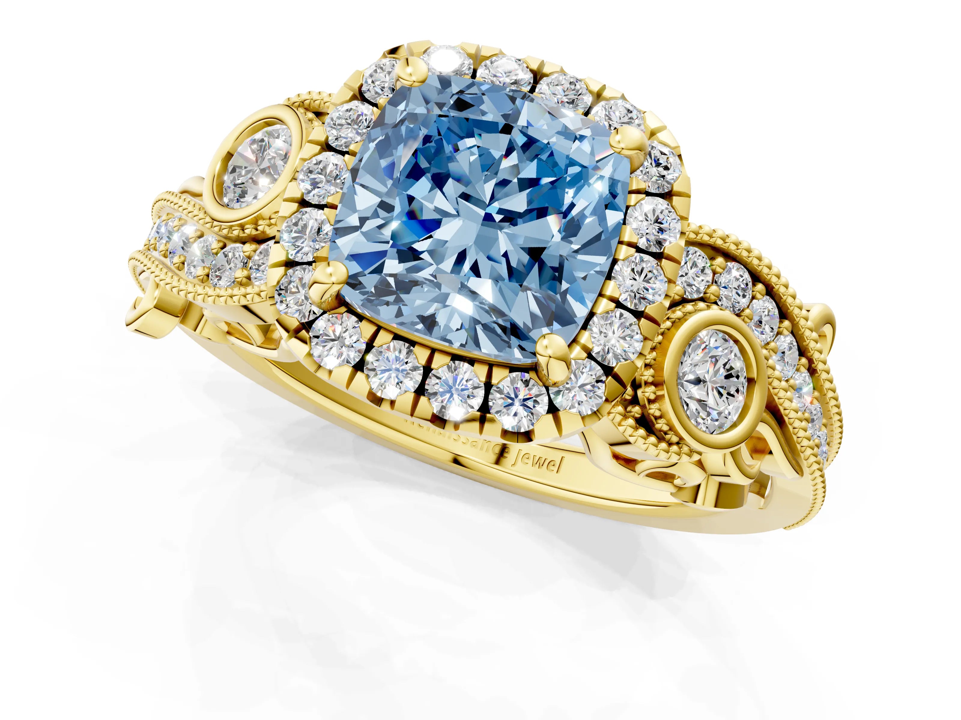 Yellow gold Fancy Blue Cushion Cut Halo Diamond Ring with Milgrain and Bezel Accents on a Split Shank Band_1